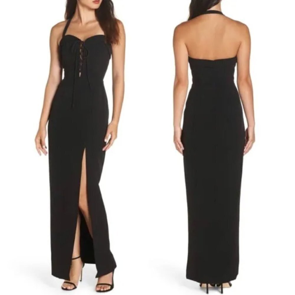 REVOLVE WAYF Sydney Black Lace Up Convertible Halter Maxi Dress Slit XXL NWT